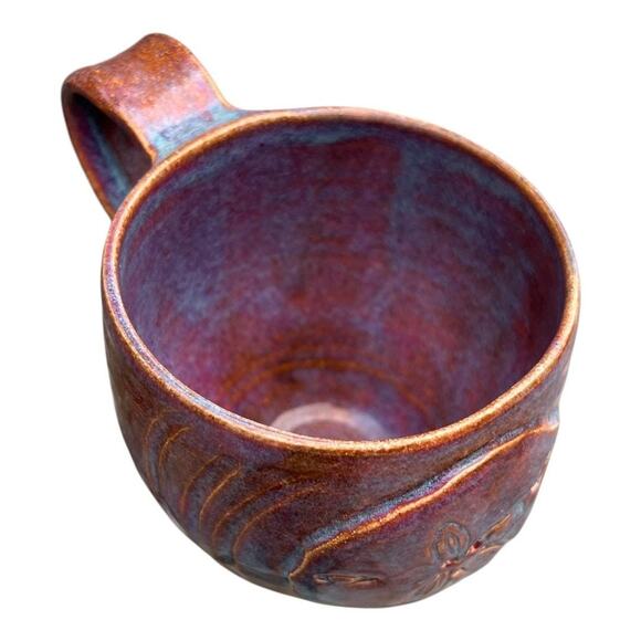 Sand Dollar Sculpted Stoneware Coffee Mug in Rust, Pink & Blue Glazes - Picture 6 of 13